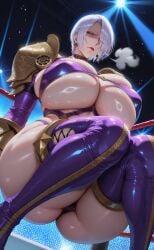 1girl ai_generated breasts bursting_breasts highres huge_breasts isabella_valentine looking_at_viewer red_lipstick silver_hair soul_calibur