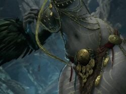 1girls animated animated_gif belly belly_button chains covered_eyes dancing feathers gif gold_(metal) gold_jewelry grey_body hips jewelry medium_breasts mistfall_hunter pointy_ears screencap thick_thighs thighs topless winged_arms