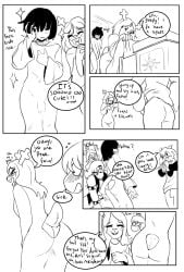 ambiguous_gender anthro bent_over bottomless bulge butt butt_window casual_exposure cfnm clothed clothing comic cutout darkner deltarune dialogue dress dress_only embarrassed english_text female form_fitting hi_res human kris_dreemurr male mammal monochrome noelle_holiday nude only_one_nude ralsei saikoart short_tail susie_(deltarune) tail text undertale_(series)