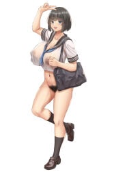 1girl black_hair blue_eyes blush bottomless breasts covered_nipples dark_nipples excessive_pubic_hair full_body holding_bag kai_jj large_breasts looking_at_viewer navel nipples open_mouth original pubic_hair pussy school_uniform see-through_shirt shoes socks solo v_sign