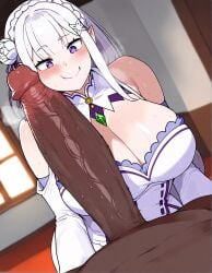 1boy 1girls ai_generated big_breasts big_penis blush blush_lines blushing breasts dark-skinned_male dark_skin elf elf_ears elf_female elf_girl emilia_(re:zero) erodreams female hair interracial light-skinned_female light_skin long_hair male male_pov penis penis_on_face pov purple_eyes re:zero_kara_hajimeru_isekai_seikatsu tagme veiny_penis white_hair