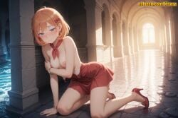 1girl ahoge ai_generated arm_support bangle bare_shoulders blonde_hair blue_eyes blush bow bracelet breast_hold breasts breasts_out closed_mouth clothes_pull column covering_breasts covering_privates dress dress_pull earrings embarrassed full_body hair_bow half-closed_eyes high_heels indoors jewelry kneeling looking_at_viewer medium_breasts millie_myers neckerchief nipples nivora on_floor orange_hair pillar red_bow red_dress red_footwear red_neckerchief red_skirt shoes short_dress short_hair skirt solo spy_x_family topless water