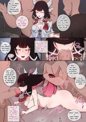 1girls 2boys :>= ass aynes blindfold blush censored columbina_(genshin_impact) comic dialogue drugged_sex drugs fellatio female gangbang genshin_impact hair_grab hoyoverse male mihoyo nude oral spitroast stomach_bulge text