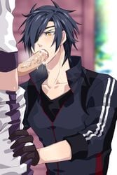 2boys blush cum cum_in_mouth drooling erection eye_patch facial fellatio gloves heshikiri_hasebe male_only multiple_boys muscle oral penis saliva shokudaikiri_mitsutada sweat teeth tongue touken_ranbu undressing yaoi