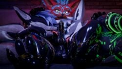 16:9 3d_(artwork) 4k absurd_res animal_genitalia animal_penis anthro armwear balls black_latex blue_body blue_eyes blue_fur blue_penis bodily_fluids brown_body brown_fur canine_genitalia canine_penis claws clothed clothing cuffs_(clothing) deity digit_ring digital_media_(artwork) dominant dominant_anthro dominant_male drone dronesuit drooling drooling_tongue ellerisntactive erection feet foot_focus footwear fur genitals glistening glistening_body group hair hi_res isaacjexo jewelry jex latex latex_armwear latex_body latex_clothing latex_footwear latex_legwear latex_penis latex_skinsuit legwear licking male male/male multicolored_body multicolored_fur multicolored_hair muscular muscular_male neonkapawn oral pawpads paws penile penis penis_lick red_body red_fur reflection rexouium ring saliva sex sheath skinsuit submissive submissive_anthro submissive_male tight_clothing toe_claws toe_ring toes tongue trio widescreen worship