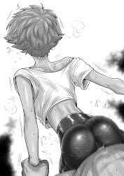 1boy 1girl absurdres arm_held_back ass bike_shorts clothed_female_nude_male clothed_sex commentary_request cowboy_bebop cropped_shirt dark-skinned_female dark_skin doggystyle edward_wong_hau_pepelu_tivrusky_iv facing_away from_behind greyscale hetero highres holding_another's_wrist kaiman_garupan monochrome nude pants pov restrained sex sex_from_behind shiny_clothes shirt short_hair simple_background solo_focus standing standing_sex steam steaming_body sweat sweatdrop tight_clothes tight_pants tomboy vaginal white_background
