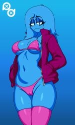 1female artist_logo blue_fur female female_only hands_in_pockets pink_bikini pink_stockings puffle puffledreemurr purple_jacket
