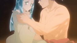 1boy 1girl 1girls 2020 20s age_difference animated animated_gif aqua_eyes aqua_hair blunt_ends blush breasts brown_eyes clam_girl clothes_pull collarbone colored_eyelashes female fish_girl hamaguri_(shikkoku_no_shaga) heian hikimayu husband_and_wife interspecies japanese_clothes kimono long_hair manji_(shikkoku_no_shaga) monster_girl muscular muscular_male night nipples older_male_and_younger_female outdoors pale_skin parted_bangs pectorals purple_hair removing_kimono shikkoku_no_shaga shikkoku_no_shaga_the_animation size_difference small_breasts smile tagme tall_male