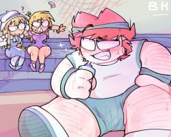 1boy 1boy2girls 2girls annoyed_female big_guy blonde_female bottle boy bulge_through_clothing chubby curvy_female exercise fat fat_male female flirting flirting_look flirty hairy_male male male_focus messy_hair oc ocs original original_character penis_visible_through_clothing red_hair sexy smile sports sports_uniform stretching stretching_legs sweat sweaty_body teenager tusks water wet wet_clothes wet_pants