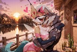 ai_generated alcohol alcoholic_drink arm_sleeves beer big_ass big_breasts big_butt black_lips blush blushing bottle cabin choker creamhorseai crop_top curvy curvy_female curvy_figure demon demon_girl drinks erect_nipples female fit fit_female fox fox_ears fox_girl fox_tail fur furry furry_female furry_only goth goth_girl hearts_around_head hellhound helluva_boss high_resolution highres horny horny_female hourglass_figure hug huge_ass huge_breasts hugging imminent_sex lake lakeside long_ears makeup makeup_running male/female mature mature_female mohawk mohawk_(hairstyle) outdoors perfect_body pose queen_bee-lzebub_(helluva_boss) runny_makeup seductive seductive_look shorts sleeves snout stockings sweat sweating sweaty sweaty_body tail teeth thick_thighs voluptuous voluptuous_female werewolf wolf_boy