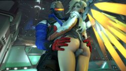 1boy 1girls 3d animated ass ass_grab big_ass blizzard_entertainment blonde_hair bodysuit bombowykurczak bottomless bouncing_ass clothed_sex erection female looking_at_viewer looking_back looking_down male masked mercy no_sound overwatch penis soldier_76 source_filmmaker straight thigh_sex video video_games webm white_hair wings