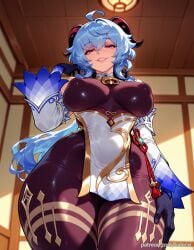 1girl ahoge ai_generated balecxi bare_shoulders bell black_gloves blue_hair bodystocking covered_nipples cowbell detached_sleeves from_below ganyu_(genshin_impact) genshin_impact goat_horns large_breasts long_hair looking_at_viewer pantyhose patreon_username purple_eyes smile solo thick_thighs vision_(genshin_impact) wide_hips