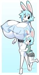 1boy 1girls 2026 angstrom background blue_hair brother_and_sister bunny_boy bunny_ears bunny_girl clothing duo feet furry hyper hyper_breasts marco_(angstrom) molly_(angstrom) short_hair shorts siblings white_fur