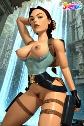1girl ai_assisted ai_generated backpack bag belt bottomless braid breasts breasts_out brown_eyes brown_hair female_pubic_hair fingerless_gloves gloves gun holster lara_croft lara_croft_(classic) lara_croft_(survivor) large_breasts lips long_hair looking_at_viewer nipples patreon pubic_hair pussy solo stelmazura tomb_raider tomb_raider_(classic) uncensored water waterfall weapon