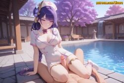 1boy 1girl ai_generated alternate_costume architecture blush braid braided_ponytail breasts censored cleavage closed_mouth clothed_female_nude_male covered_navel day detached_collar dress erection flower fountain genshin_impact hair_flower hair_ornament hat hetero large_breasts long_braid long_hair looking_at_viewer low-tied_long_hair mole mole_under_eye mosaic_censoring nivora no_shoes nude nurse nurse_cap outdoors penis pool purple_eyes purple_hair raiden_shogun short_dress short_sleeves sitting sky smile socks solo tassel tassel_hair_ornament thigh_sex thigh_strap thighhighs thighlet thighs tree uncensored very_long_hair water white_headwear white_socks yokozuwari