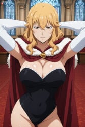 1boy absurdres adult ai_assisted ai_generated arms_behind_head big_breasts breasts cleavage contrapposto female gina_(solo_leveling) heeven highres male mature palace patreon patreon_username perfect_body solo_leveling standing uncensored