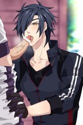 2boys blush cum cum_in_mouth drooling erection eye_patch facial fellatio gloves heshikiri_hasebe male_only multiple_boys muscle oral penis saliva shokudaikiri_mitsutada sweat teeth tongue touken_ranbu undressing yaoi