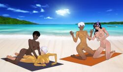 4girls angel_(kof) anoneysnufftan applying_sunscreen ass banter beach beach_towel black_hair blue_eyes breast_grab breasts brown_eyes dark-skinned_female dark_skin dc_comics dcau elena_(street_fighter) embarrassed embarrassed_nude_female female female_only glistening hair_over_one_eye hands_up helena_bertinelli humiliation huntress_(dc) imminent_death justice_league killer_lotion king_of_fighters looking_at_partner lotion mari_mccabe mask massage murder nipples nude nude_beach oil oiled on_stomach peril photo_background punishment pussy rubbing sand shiny_skin short_hair sitting sky snk snuff street_fighter summer sunbathing sunscreen talking towel vixen_(dc) water white_hair