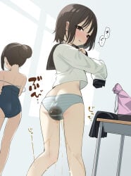 2girls ass black_skirt blue_one-piece_swimsuit blue_panties blush brown_eyes brown_hair clothes_pull commentary_request defecating_self feet_out_of_frame from_behind hair_bun highres long_sleeves menoria multiple_girls no_pants nose_blush notice_lines one-piece_swimsuit one-piece_swimsuit_pull original panties parted_lips pee peeing peeing_self scat school_swimsuit shirt short_hair single_hair_bun skirt sleeves_past_fingers sleeves_past_wrists solo_focus standing striped_clothes striped_panties swimsuit underwear unworn_skirt white_shirt