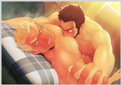 2boys abs bara bed biceps blonde blonde_hair blush blushing brown_hair copyright_request fan holding_hands human human_only kissing kurokawasudou licking light-skinned_male light_skin looking_at_partner lying lying_on_back lying_on_bed lying_on_person male male/male male_focus male_nipples male_only multiple_boys muscle muscles muscular muscular_male nipples nude nude_male on_bed pecs pectorals restrained sucking sweat sweatdrop sweating sweaty teeth teeth_showing undressing yaoi