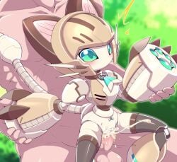 1boy 1girl animal_collar animal_ears ascot black_thighhighs blonde_hair brown_collar cat_ears cat_girl cat_tail censored clothed_female_nude_male collar commentary_request cum cum_in_pussy cum_overflow gato_alpar girl_on_top green_ascot green_eyes hetero humanoid_robot joints koonago mechanical_ears mechanical_hair mechanical_tail medarot mini_person minigirl mosaic_censoring no_mouth nollety nude penis robot robot_girl robot_joints sex short_hair tail thighhighs vaginal whiskers
