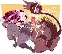 1boy 2girls all_fours anthro assjob assjob_paizuri big_breasts biped bodily_fluids breast_play breasts brown_body brown_hair butt clothing cum cum_on_breasts cum_on_butt female genital_fluids group group_sex hair hi_res hot_dogging huge_breasts katherine_(appledees) kneeling lagomorph living_tail male male/female mammal paizuri penis roly sex simple_background thick_thighs threesome titfuck