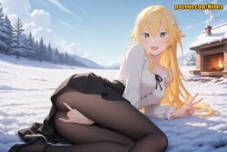 +_+ 1girl ai_generated ass between_legs black_footwear black_pantyhose black_skirt blonde_hair blue_sky blush breasts campfire chimney cloud day fire forest frederica_baumann green_eyes hair_between_eyes hair_ornament hand_between_legs high_heels long_hair long_sleeves looking_at_viewer lying medium_breasts mountain nature nivora on_side open_mouth outdoors pantyhose patreon pine_tree re:zero_kara_hajimeru_isekai_seikatsu ribbon sharp_teeth shirt skirt sky smile snow solo symbol-shaped_pupils teeth thighs tree upper_teeth_only white_shirt winter