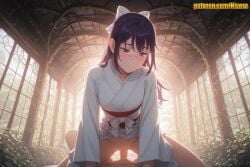 1boy 1girl ai_generated backlighting black_hair blush bottomless bow breasts brown_eyes closed_mouth clothed_female_nude_male clothed_sex cowgirl_position day girl_on_top hair_bow hetero indoors iori_utahime japanese_clothes jujutsu_kaisen kimono long_hair long_sleeves looking_at_viewer looking_down mosaic_censoring nivora nude obi penis plant ponytail pov pov_crotch purple_hair pussy red_sash sash sex solo_focus straddling uncensored utahime_iori vaginal vines white_bow white_kimono window yukata