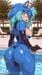 1girl ai_generated ass bikini black_bikini black_gloves blue_hair blush breasts bulge decurse elbow_gloves from_behind furry furry_female genderswap gloves green_eyes looking_at_viewer looking_back medium_hair nipples open_mouth otoko_no_ko outdoors palm_tree pool shiny shiny_skin solo sonic_(series) sonic_the_hedgehog swimsuit tail thong_bikini tree wading water wet