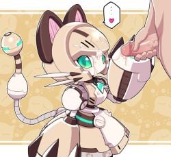 1boy 1girl animal_ears apron ascot blonde_hair breasts cat_ears cat_girl cat_tail censored clothed_female_nude_male commentary_request cum cum_on_body dress erection facial gato_alpar green_ascot green_eyes heart hetero humanoid_robot joints maid male_masturbation masturbation medarot medium_breasts mosaic_censoring motion_lines no_mouth nollety nude penis puffy_short_sleeves puffy_sleeves robot robot_girl robot_joints short_hair short_sleeves solo_focus speech_bubble spoken_heart tail whiskers white_apron yellow_dress