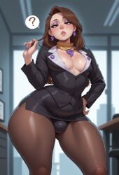 1boy 1femboy 2026 ? ace_attorney ai_generated areola areola_slip ass_visible_through_thighs beauty_mark belly benero brown_eyes brown_hair brown_pantyhose bulge crossdressing earrings eyebrows eyelashes eyeshadow femboy feminine_male genderbend genderswap genderswap_(ftm) girly hand_on_hip hand_on_own_hip hourglass_figure hourglass_figured_femboy indoors jacket looking_at_viewer mia_fey mole_on_pec mole_under_eye mole_under_mouth moles nail_polish navel nipple_bulge nipples nipples_visible_through_clothing office office_clothing office_lady panties pantyhose pectorals pencil_skirt plump_belly purple_eyeshadow question_mark rule_63 skirt solo standing thick_thighs thighs trap wide_hips