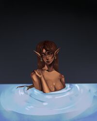 bathing breasts brunette brunette_hair circe circe_(epic_the_musical) earrings epic_the_musical nude nude_female nudity pointy_ears shiny_breasts skinny_dipping tan_skin water