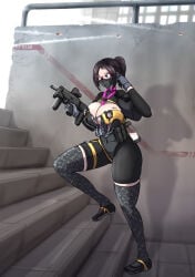 barcode_tattoo bodysuit breast_pump breast_pumps brown_hair clothed female_combatant female_soldier glasses gun gunfire lactation looking_at_phone milk_bottle mole_on_breast mole_under_eye nipples ponytail submachine_gun thighhighs