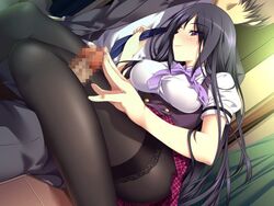 1boy 1girls artist_request black_hair blush bowtie censored character_request clothed_sex female game_cg kneepit_sex long_hair necktie outercourse pantyhose penis purple_eyes school_uniform skirt_lift smile source_request tagme