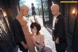 1girl 2boys 2girls ai_generated animal_ears bald black_dress black_hair black_kimono blush bra breasts cat_ears censored cleavage collarbone cum day dress faceless faceless_male fake_animal_ears fellatio fox_ears gate glasses hetero japanese_clothes kimono large_breasts lee_bora medium_breasts mosaic_censoring multiple_boys multiple_girls nipples nivora open_clothes open_door oral outdoors penis semi-rimless_eyewear short_hair solo_leveling tail uncensored underwear white_bra