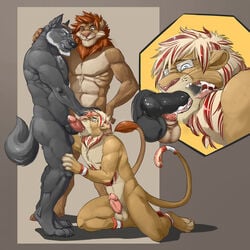 3boys arcticlion balls cum cum_in_mouth cum_inside double_oral fellatio furry gay lion male male_only nude oral penis threesome yaoi