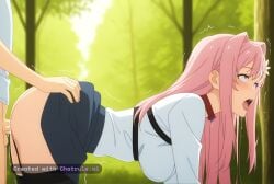 1girl ai_assisted ai_generated anime_screencap cock_in_pussy collar cowgirl creampie embarrassed hair_flower hair_intakes harness inside karen leaning_forward long_hair moaning outside parted_bangs pussy_sex rolling_eyes saliva shaking side_view skirt stockings tree white_shirt