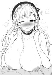 1boy 1girl absurdres beret black_collar black_hat blunt_bangs blush braid breasts clenched_teeth collar collarbone commentary_request crown_braid cum ejaculation greyscale hair_ornament hairclip hakase_fuyuki hakase_fuyuki_(6th_costume) hat hetero highres huge_breasts implied_paizuri kaiman_garupan long_hair monochrome nijisanji nipples nude official_alternate_hairstyle one_eye_closed paizuri parted_bangs pov pov_crotch projectile_cum side_braids simple_background solo_focus sweat teeth virtual_youtuber white_background