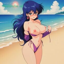 1girl ai_assisted ai_generated anime_screencap bare_shoulders bashful beach bikini blue_hair blue_sky blush blushing collarbone colorful contrast curvaceous curvy daytime detailed_face dramatic_lighting eyelashes full_breasts heels highly_detailed hourglass_figure large_breasts long_hair looking_at_viewer loose_bikini motion_lines naked narrow_waist nipples oversized_breasts parted_lips retro_artstyle round_breasts sand sea short_girl shortstack shy soft_breasts soft_thighs source_anime spherical_breasts sun thick_thighs top_heavy undressing voluptuous wavy_mouth white_clouds wide_hips