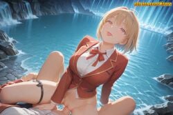 1boy 1girl ahoge ai_generated arm_support blazer blonde_hair blush bottomless bow bowtie breasts cave censored classroom_of_the_elite clothed_sex clothes_pull collared_shirt cowgirl_position cum cum_in_pussy cum_overflow girl_on_top hair_intakes hairband happy_sex hetero jacket kushida_kikyou large_breasts long_sleeves looking_at_another looking_at_viewer neck_ribbon night nivora open_mouth outdoors penis pov pussy red_bow red_bowtie red_eyes red_jacket red_ribbon ribbon rock school_uniform sex shirt short_hair skirt skirt_around_one_leg smile solo_focus straddling thigh_strap thighs tongue tongue_out uncensored vaginal water waterfall white_hairband white_shirt youkoso_jitsuryoku_shijou_shugi_no_kyoushitsu_e