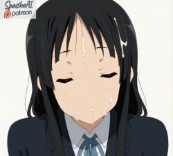1girl after_fellatio ai_generated black_hair blazer blunt_bangs blush close-up closed_eyes closed_mouth cum cum_in_mouth cum_on_hair facial facing_viewer gokkun hime_cut jacket k-on! long_hair mio_akiyama_(k-on!) portrait ribbon sakuragaoka_high_school_uniform school_uniform simple_background solo spasibo15 upper_body white_background
