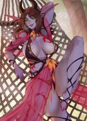1girls absurd_res arm_behind_head bent_leg big_breasts blizzard_entertainment body_markings brown_hair demon_hunter_(warcraft) female female_only green_eyes grey_skin grin grinning_at_viewer hammock horns long_ears long_eyebrows long_hair looking_at_viewer maewix1 narrowed_eyes pointy_ears red_markings saphari smiling smiling_at_viewer solo thick_thighs warcraft wide_hips world_of_warcraft