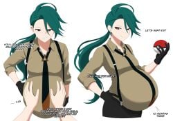 1girls belly_rub big_belly bloated_belly chili_(pokemon_sv) clothed clothing female female_focus green_hair heavily_pregnant long_hair nintendo pokeball pokemon pokemon_sv pov pregnant pregnant_with_multiples ready_to_pop red_eyes rika_(pokemon) rubbing_belly sarawa_kotoku small_breasts twins