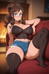 1girls ai_generated big_breasts blue_eyes blush bra breasts brown_hair couch feet female female_only hilda_(pokemon) light-skinned_female light_skin long_hair looking_at_viewer minishorts pokemon ponytail shorts slim_waist sofa solo solo_female thick thick_thighs thighhighs thighs waifuinvoker