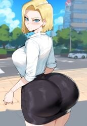 1girls ai_generated android android_18 android_girl ass big_ass big_breasts big_butt blonde_hair blue_eyes blush blush_lines breasts butt creamy_ai dragon_ball dragon_ball_z female hair huge_ass huge_butt light-skinned_female light_skin mature mature_female milf office_clothing office_lady short_hair solo solo_female
