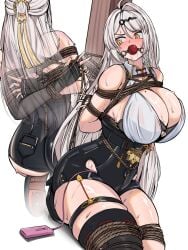 1girl absurdres ahoge arms_behind_back ass ball_gag bdsm blush bondage bound bound_and_gagged bound_arms breasts crotch_rope drooling fingerless_gloves gag gagged gloves hair_between_eyes hair_ornament high-waist_shorts highres huge_breasts kneeling long_hair mature_woman mole mole_on_breast rope sex_toy shorts single_thighhigh skindentation sweat thigh_strap thighhighs tied_to_pole tied_up vibrator vibrator_cord vibrator_in_pussy vibrator_under_clothes white_hair wide_hips yellow_eyes yixuan_(zenless_zone_zero) yuy zenless_zone_zero