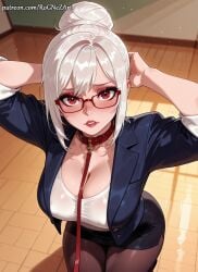 1girl 2026 ai_generated anime arms_behind_head arms_up bangs black_pantyhose black_skirt blush boobs breasts cleavage collar crossover eye_contact female female_focus flushed glasses hair_bun highres huge_breasts jacket large_breasts leash lips looking_at_viewer miniskirt nsfw office_lady pantyhose parted_lips patreon patreon_username pencil_skirt red-framed_eyewear red_collar red_eyes rognezart sally_whitemane shirt single_hair_bun skirt sleeves_rolled_up solo stockings viewer_holding_leash warcraft white_hair white_shirt world_of_warcraft