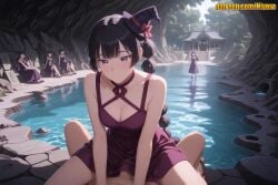 1boy 4girls ai_generated bare_shoulders black_hair blush bow braid braided_ponytail breasts cleavage closed_mouth clothed_female_nude_male clothed_sex cowgirl_position dress girl_on_top halterneck hat hetero jujutsu_kaisen lake large_breasts long_hair looking_at_viewer medium_breasts mini_hat mosaic_censoring multiple_girls nivora nude outdoors penis pov purple_dress purple_eyes red_bow red_dress remi_(jujutsu_kaisen) ribbon river sandals scenery sex sitting sleeveless sleeveless_dress smile straddling swimsuit tree twintails water waterfall witch_hat