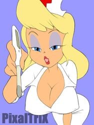 1girls animaniacs bimbo blue_eyes breasts cleavage eyeshadow female female_only hello_nurse heloise_nerz large_breasts lipstick makeup nipple_bulge nurse nurse_cap nurse_uniform pixaltrix pov solo thermometer