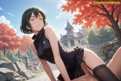 1boy 1girl ai_generated arm_support autumn autumn_leaves bare_arms bare_shoulders black_dress black_hair black_thighhighs blue_sky blush breasts clothed_female_nude_male clothed_sex cloud cowgirl_position cum cum_in_pussy day dress earrings facial garter_straps girl_on_top green_hair hetero jewelry jujutsu_kaisen mai_zenin medium_breasts mosaic_censoring mountain nivora no_panties nude outdoors parted_lips penis pussy rock sex short_hair sky sleeveless sleeveless_dress solo_focus stone_lantern straddling tears thighhighs thighs tree turtleneck_dress vaginal yellow_eyes zenin_mai